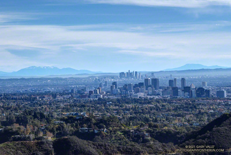 Century City and Downtown Los Angeles, with San Gorgonio Mountain and San Jacinto Peak in the distance. Photo from January 8, 2017.