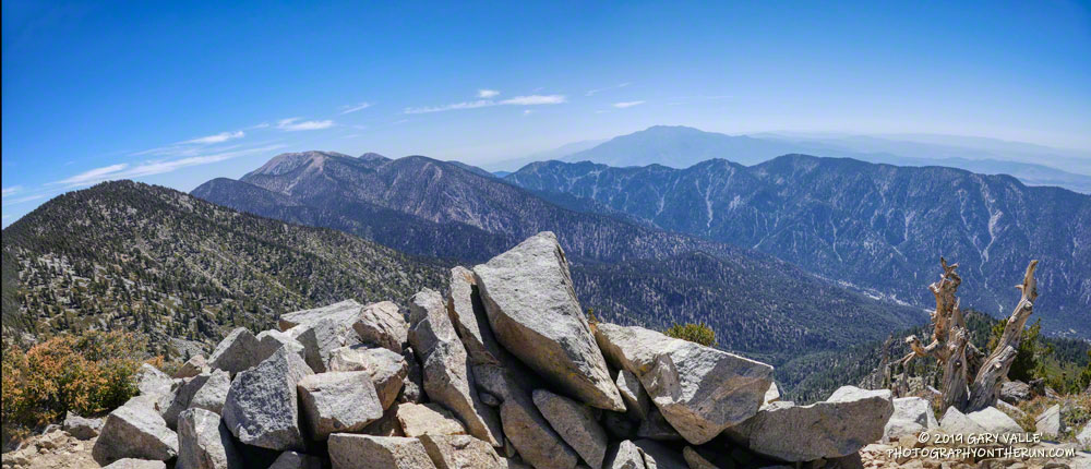 San Gorgonio Mountain (11,499') is on the left and San Jacinto Peak (10,839') is in the distance in this panoramic photo from East San Bernardino Peak (10,691').