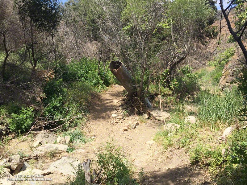 An old drainage pipe in Serrano Canyon was upended by the flash floods of December 12, 2014.