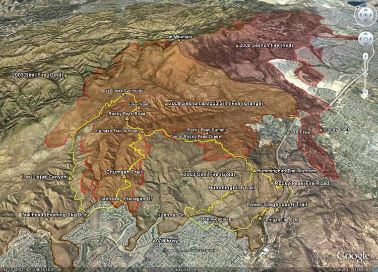 Google Earth image of the perimeters of the Sesnon and Simi Fires, as well as GPS traces of some of the trails in the Rocky Peak area.