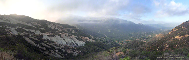 Cloud-shrouded Saddle Peak, Cold Canyon and Monte Nido from Calabasas Peak fire road in the Santa Monica Mountains.