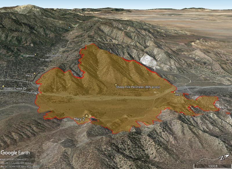 Google Earth image of June 2022 Sheep Fire perimeter, near Wrightwood