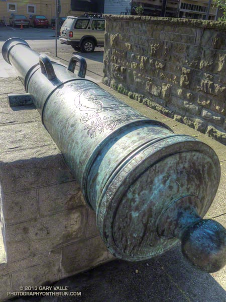 One of a pair of 18th century Spanish bronze cannons at the Lombard Gate of the Presidio on Lyon Street. The cannons were cast in Seville in December of 1783.