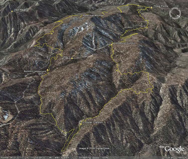 Google Earth image of Three Points-Mt. Waterman Loop.