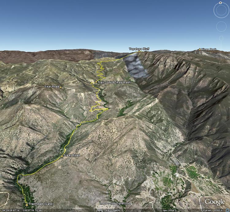 Google Earth image of a GPS trace of my route to Topatopa Bluff.