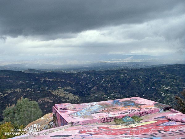 Clouds and showers over the San Fernando Valley from the abandoned Topanga fire lookout site.