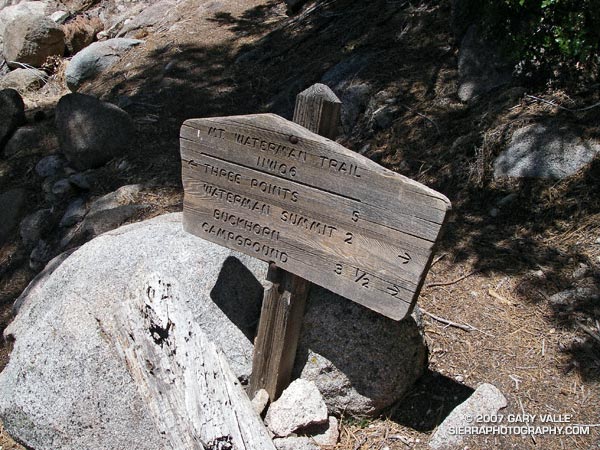 Trail sign on the Mt. Waterman Trail in the San Gabriel Mountains.