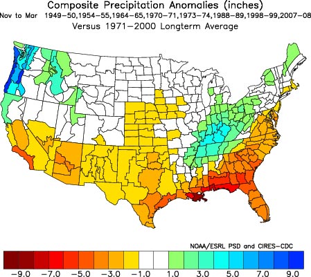 November through March precipitation composite for 8 years in which ENSO was transitioning from El Nino or Neutral conditions to La Nina. The composite was generated using the ESRL/PSD US Climate Division Dataset Mapping Page.