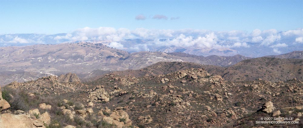 Panorama northwest from Rocky Peak fire road to Oak Ridge, the Santa Susana Mountains and beyond.