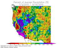 Western Regional Climate Center map of the percentage of normal precipitation in the West for the period July 1 to September 16, 2015.