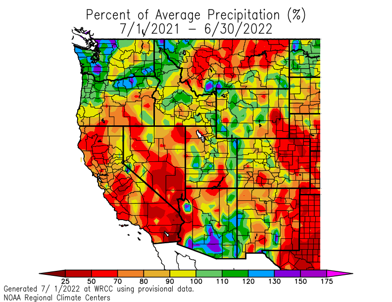 Percent of Normal Precipitation for the Western U.S. for the period July 1, 2021 to June 30, 2022.