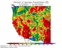 Percent of Average Precipitation Western U.S. July 1, 2021 to June 30, 2022.