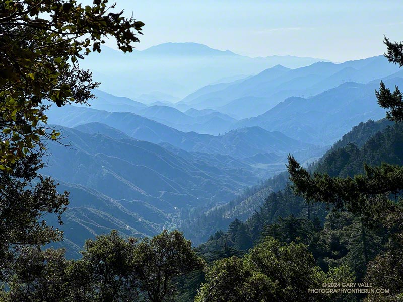 The canyon of the West Fork San Gabriel RIver and Rincon-Red Box Road from the Mt. Disappointment/Bill Riley Trail.