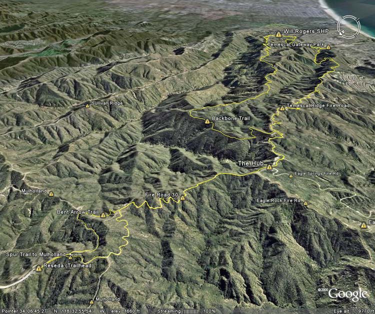 Google Earth image of my route to Will Rogers SHP and Temescal Canyon from the end of Reseda Blvd.