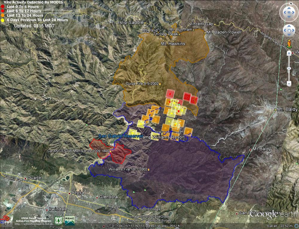 Google Earth image of 2012 Williams Fire MODIS fire detections as of 09/04/12 0815 MDT, and the perimeters of the 2002 Williams, 2002 Curve and 2009 Morris fires. Placemark locations are approximate.
