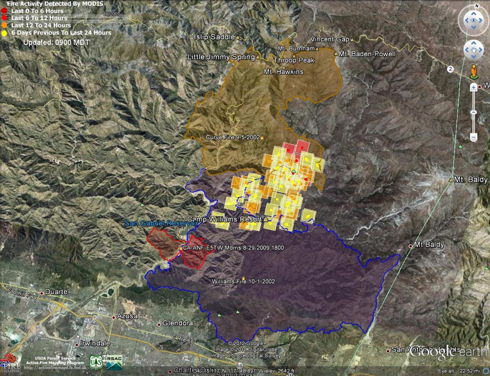 Google Earth image of 2012 Williams Fire MODIS fire detections as of 09/05/12 0900 MDT, and the perimeters of the 2002 Williams, 2002 Curve and 2009 Morris fires. Placemark locations are approximate.