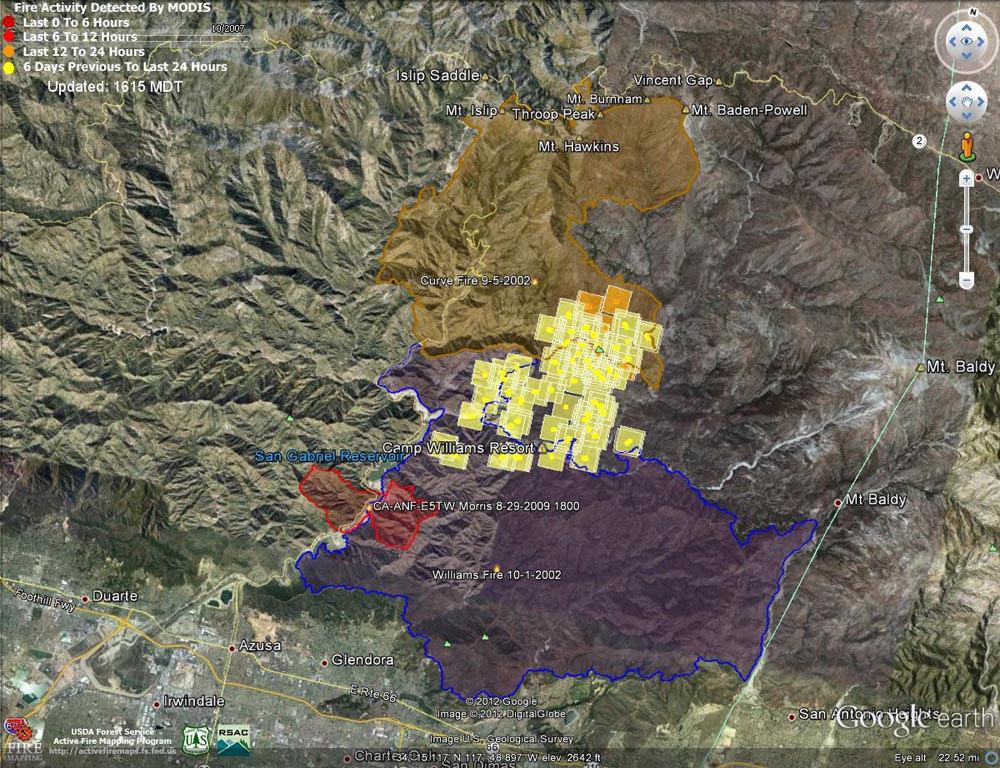 Google Earth image of 2012 Williams Fire MODIS fire detections as of 09/05/12 1615 MDT, and the perimeters of the 2002 Williams, 2002 Curve and 2009 Morris fires. Placemark locations are approximate.