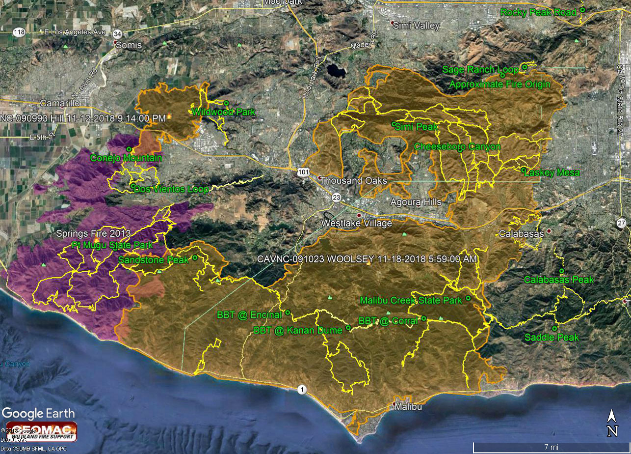 Google Earth image with a recent perimeter for the 2018 Woolsey Fire along with GPS tracks of the Backbone Trail and some other trails in the region. The perimeter was was downloaded from GEOMAC and timestamped November 18, 2018 at 5:59 a.m.