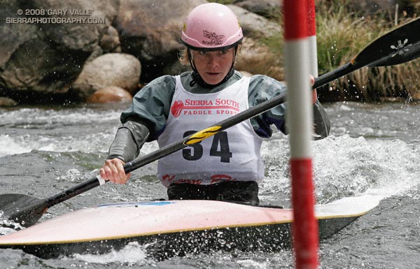 2002 World Champion and 2004 Olympic Silver Medalist Rebecca Giddens zeroes in on a red up gate while racing in the T.J. Slalom at the 2007 Kern River Kayak and Raft Festival.