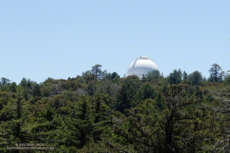 When the dome of the 100 inch Hooker telescope comes into view on the Kenyon Devore Trail, it's about a half-mile to the turnout where the loop began. Continuing to the Mt. Wilson parking lot via the connecting trail adds about another half-mile.