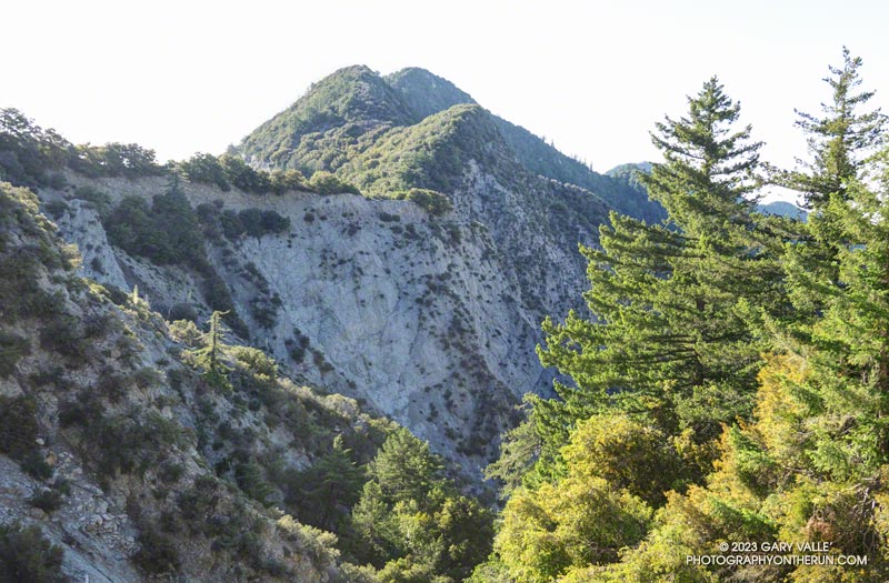 Looking back at the cliffs at the head of upper Eaton Canyon and up to Occidental Peak.