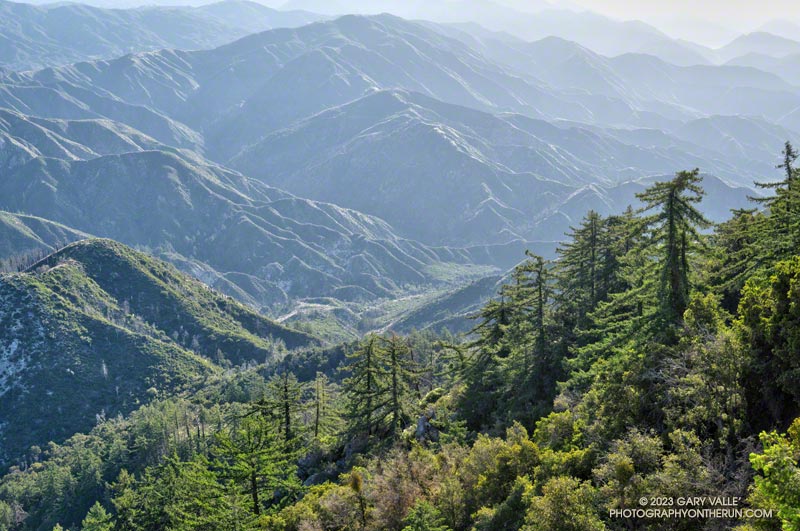 Hazy view of the canyon of the West Fork San Gabriel River from Mt. Wilson Road.  The loop follows Rincon-Redbox Road along the bottom of the canyon in this area.