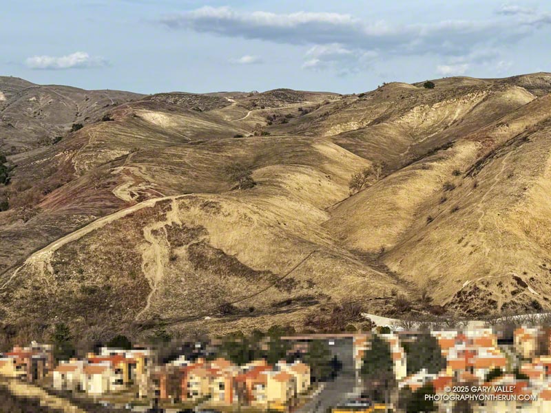 The burn area to the northeast of the residences near the Las Virgenes Trailhead. Lasky Mesa is on the right skyline. The containment line for the northwest flank of the fire is along the rounded ridge on the left. February 11, 2025.