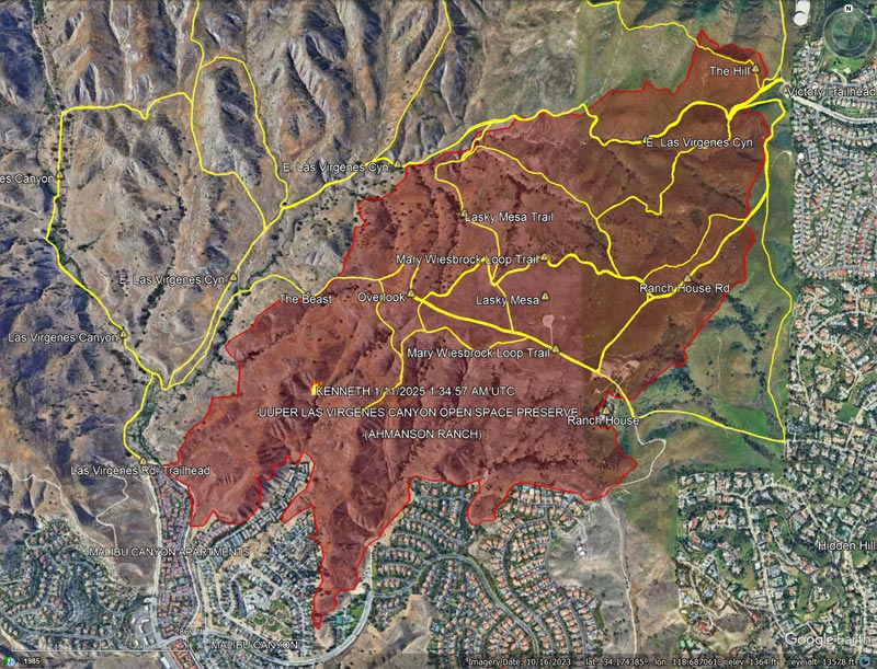 Overview of the Kenneth Fire Perimeter and Burn Area. The perimeter is from the WFIGS/NIFC. The Victory Trailhead of Upper Las Virgenes Canyon Open Space Preserve (Ahmanson Ranch) is in the upper right corner.