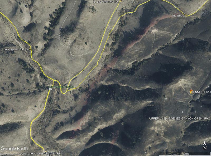 A Vexcel Imaging/Google Earth image of the containment line seen in previous image. The line, and a lot of work, prevented the northwest flank of the fire from advancing into Las Virgenes Canyon. Image is dated January 10, 2025.