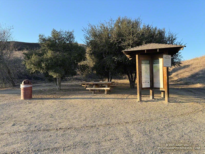 Information kiosk and benches at the Victory Trailhead of Upper Las Virgenes Canyon Open Space Preserve (Ahmanson Ranch), following the Kenneth Fire. January 28, 2025.