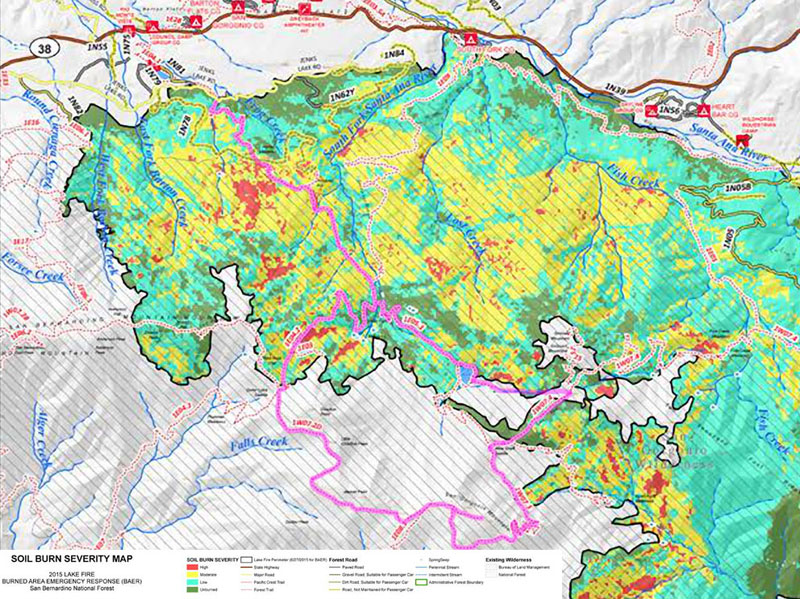 The western part of the BAER Soil Burn Severity Map with my route highlighted.  Of the 30,487 acres reviewed by the BAER Team 60% were categorized as either unburned (14%) or low soil burn intensity (56%).