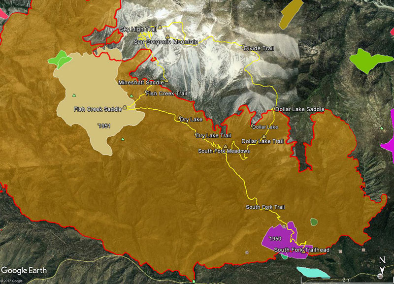 Overview of the western flank of the 31,359 acre 2015 Lake Fire burn area and FRAP fire history.  The fire database showed two previous fires in the area -- a fire in 1950 (309 acres) and in 1951 (1412 acres). The yellow trace is the GPS track of my run.