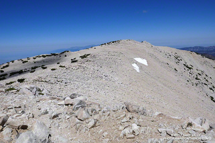 View west from near the summit of San Gorgonio Mountain on July 29, 2017. A week later that  small patch of snow was nearly gone.