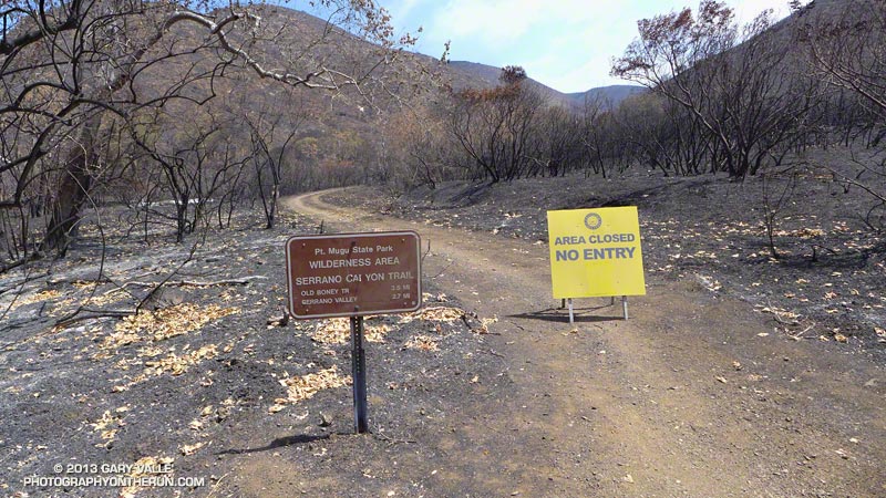 At Big Sycamore Canyon we discovered the Serrano Canyon Trail was closed. The trail was blocked in a couple of spots by fallen oaks and up canyon some steps were burned.  May 25, 2013.