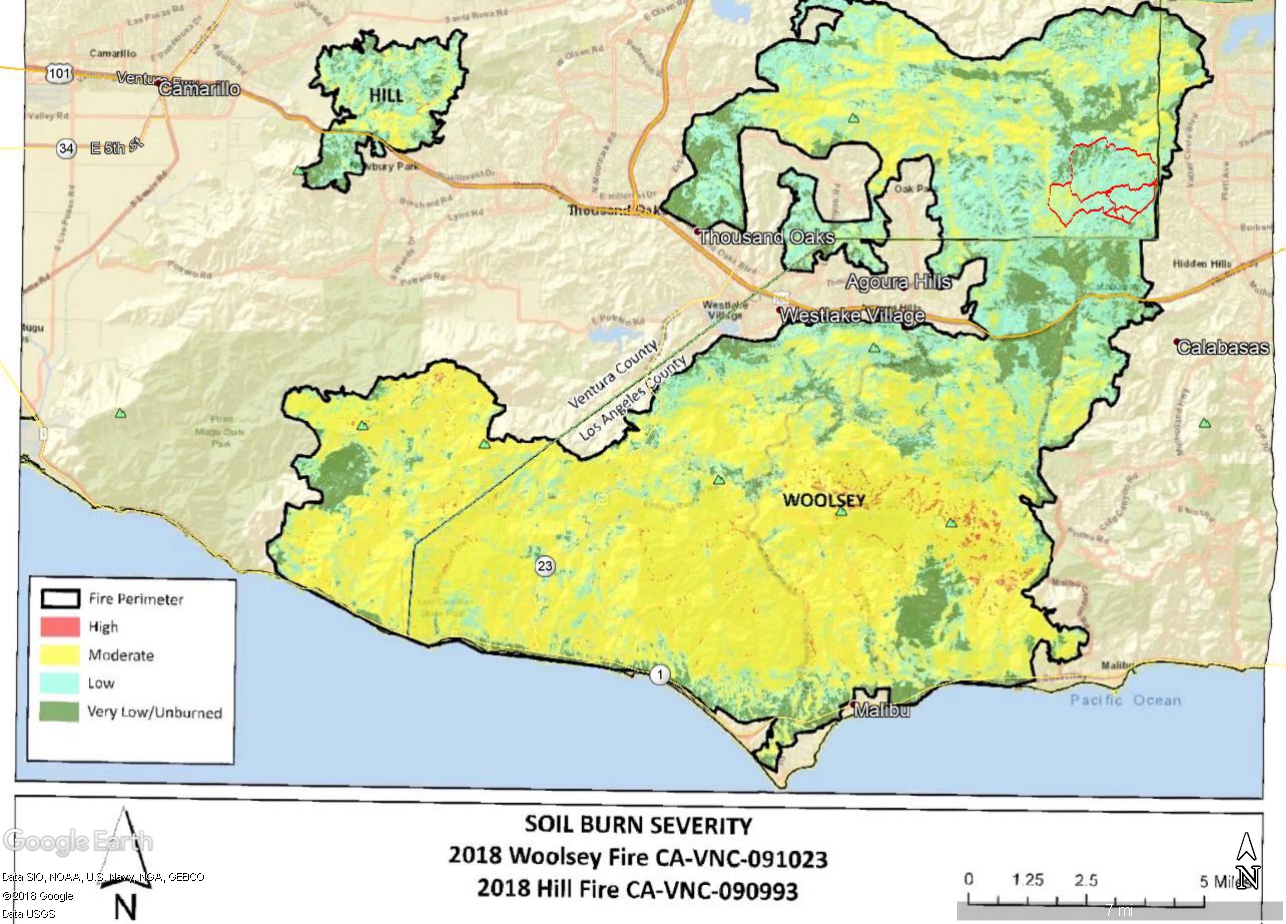 The WERT Soil Burn Severity Map for the Woolsey Fire. Upper Las Virgenes Open Space Preserve, aka Ahmanson Ranch, is in the northeast corner of the burn area. Some trails in the Ahmanson area are noted in red.