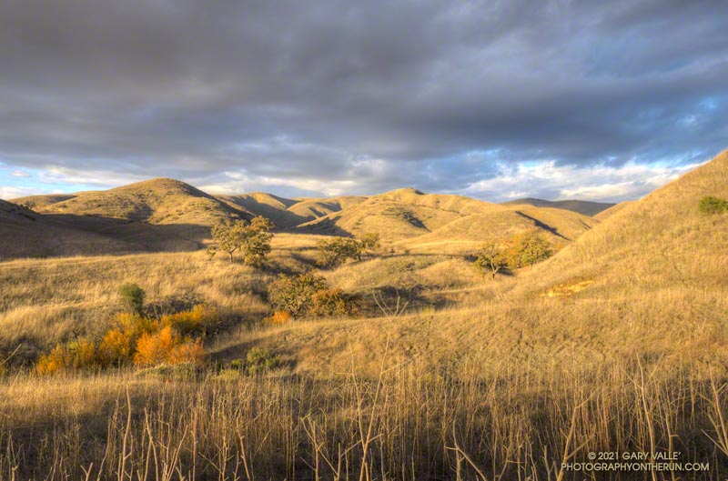 Late afternoon sun and clearing clouds in Upper Las Virgenes Canyon Open Space Preserve. Photo taken December 28, 2021.