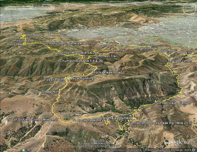 A Google Earth overview of the Las Llajas section of the Bandit 50K course and Rocky Peak Road as it winds it way back to the Chumash Trail junction and Rocky Peak.