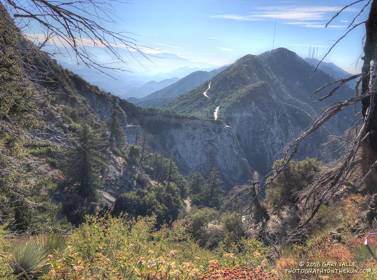 View from the San Gabriel Peak Trail past Eaton Saddle to Occidental Peak and Mt. Wilson.