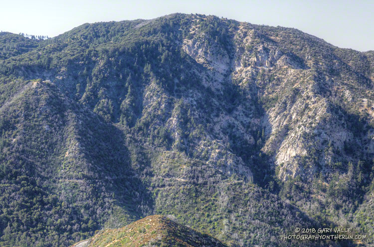 A switchback on the Gabrielino Trail between Switzer's and Red Box. The huge, rocky scar in the side of the mountain is Supercloud Canyon. Cloudburst Canyon is left of Supercloud, partially hidden by the ridge. (9-16-17)