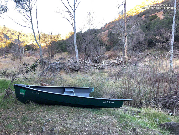 I don't want to think that someone tried to paddle Malibu Creek in this canoe during the February 2017 flash flood! Note the flood debris against the trees.