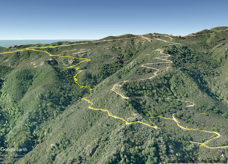 Google Earth image comparing the powerline route (yellow trace) and the normal route up the Bulldog Mtwy.