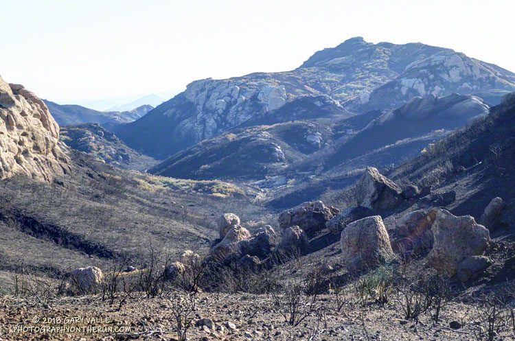 Area burned in the Woolsey Fire between the northern crest of  Boney Mountain and Tri Peaks. Sandstone Peak is in the distance.