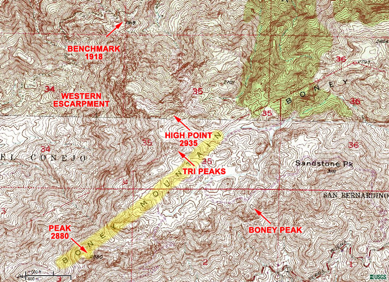 Section of the traditional USGS 7.5 minute Triunfo Pass and Newbury Park topographic maps, showing the extent of Boney Mountain, and some related features.