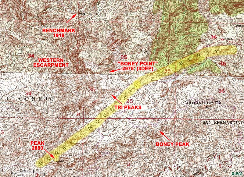 Section of the traditional USGS 7.5 minute Triunfo Pass and Newbury Park topographic maps, showing the extent of Boney Mountain, and some related features.