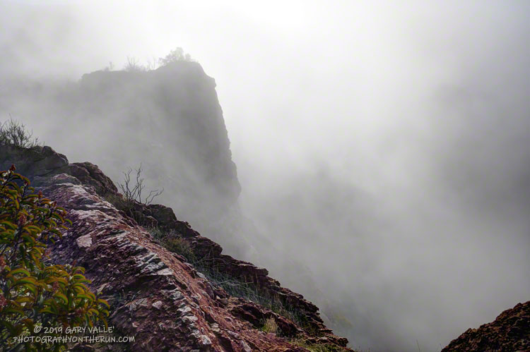 Into the clouds, high on Boney Mountain's western ridge.
