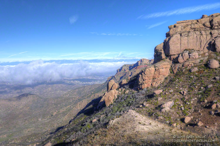View along the western escarpment of Boney Mountain from the Backbone Trail. The vertical relief is more than 2000'.