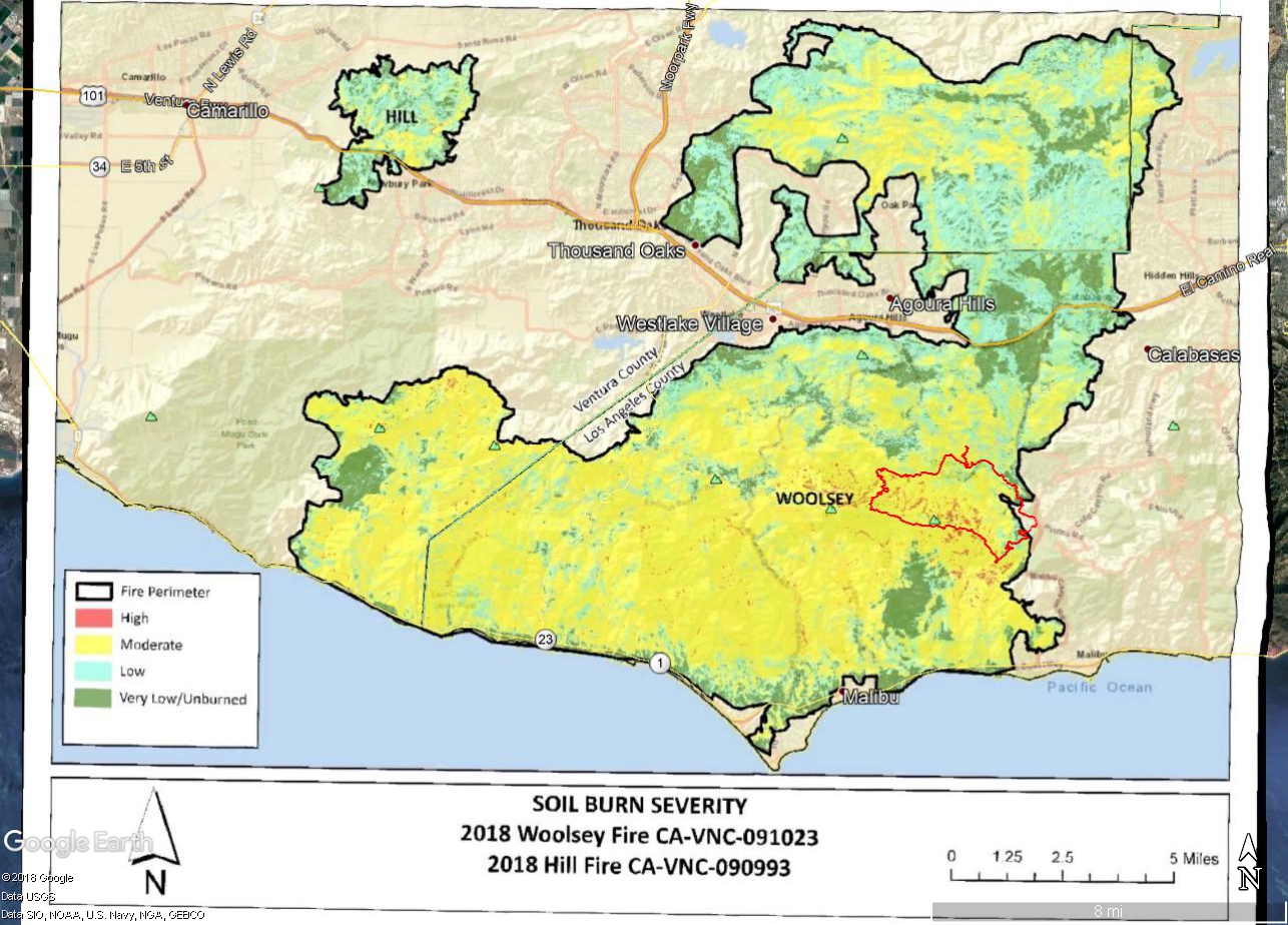 Watershed Emergency Response Team (WERT) Soil Burn Severity Map for the Woolsey and Hill Fires. A track of our run -- a variation of the Bulldog Loop -- has been added.