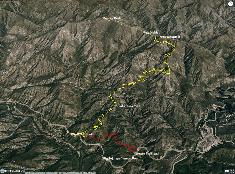 A Cesium Ion snapshot of an overview of the Condor Peak Trail. The Vogel Flat start to the route is on the left. Here's a fully interactive 3D view of my GPS track of the route.