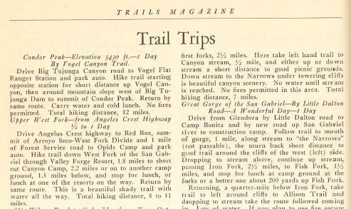 "Trail Trip" describing Condor Peak hike via the Vogel Flat Trail in the Autumn 1934 edition of Trails Magazine. The magazine was published by The Mountain League of Southern California, which was sponsored by the Los Angeles County Department of Recreation Camps and Playgrounds.