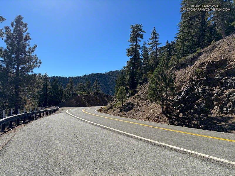 An empty Angeles Crest Highway. The highway has been closed between Red Box and Vincent Gap since rainy season storms destroyed or blocked sections of the roadway. October 14, 2023.